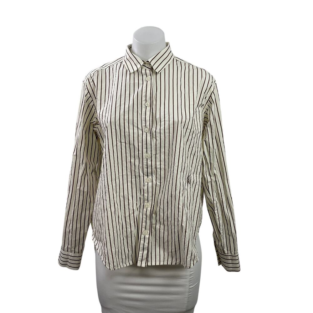 Grace & Mila White Brown Stripe Long Sleeve Button Down Hi Low Shirt Top Sz S/M